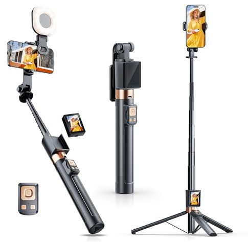2026 Upgraded 67 Selfie Monitor Screen Phone Tripod, Wireless Screen Mirroring Selfie Stick Tripod for iPhone 360° Rotation with Light & Remote for TikTok YouTube Vlog Live Stream, iPhone & Android