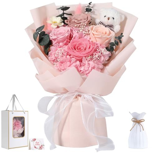 Emibele Flowers for Delivery Prime, Preserved Flowers Bouquets, Eternal Pink Roses with Bear, Valentines Mother's Day Birthday Anniversary Graduation Flower Gifts for Her Girlfriend Women Wife Mom