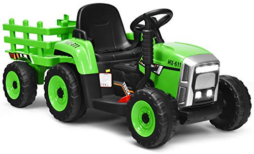 COSTWAY Ride on Tractor and Trailer, 12V Battery Powered Electric Kids Toy Car with Remote Control, LED Lights, USB & Bluetooth Music, Four Wheels Ride on Toys for Children Ages 3+(Green)