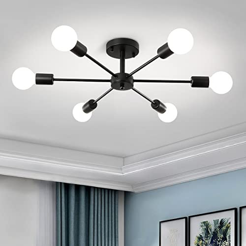 U/A Modern Sputnik Chandeliers 6 Lights, Semi Flush Mount Ceiling Light Black Pendant Lighting for Bedroom Living Room Kitchen Dining Room Restaurant (Black)