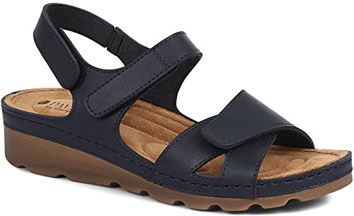 Pavers Women's Sandals in Navy with Adjustable Soft Straps - Memory Foam Suede Footbed - Comfortable Fit Lightweight Footwear - Size UK 6 / EU 39