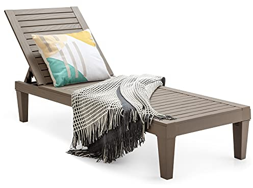 COSTWAY Sonnenliege Kunststoff wetterfest, Gartenliege mit Verstellbarer Rückenlehne, Balkonliege, Terrassenliege Holzoptik, Liegestuhl bis 180 kg belastbar für Garten, Terrasse (Braun)