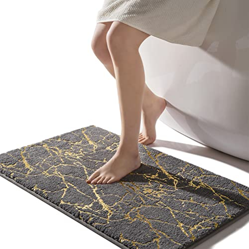 QJHOMO Badematte rutschfest waschbar Badvorleger, grau Badezimmerteppich, Gold dekorativer Teppich Luxus Bad Accessoires, weich Mikrofaser saugstark Badteppich für Badezimmer Badewanne, 50x80 cm