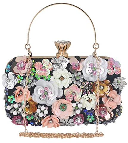 CORIOS Clutch väska för kvinnor, blommor, kvällsväska, bröllopsväska, elegant kedja, glänsande strass, handväska, axelväska, axelväska för bröllop, bal, bankettfest