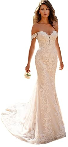 TSxuelian Abito da sposa da sirena con scollo a spalla, pizzo, tulle, abito da sposa boho a traina, 42