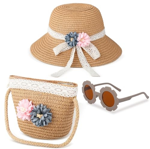 Xtinmee 3 Pcs Summer Hat Bag Sunglasses Set Straw Hat Pocket Bag Flower Round Sunglasses for Kids Activities Outdoor