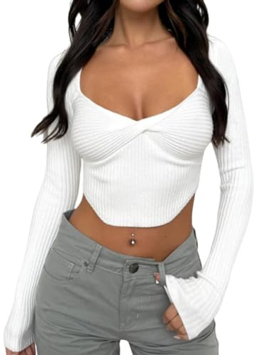 Rongseng Donna Maglietta a Maniche Lunghe Y2k Crop Top Sexy Slim T Shirt con Colletto a Cuore Camicette Eleganti Elasticizzato Cropped Knit Tops Carini Pullover Moda Casual Club Streetwear