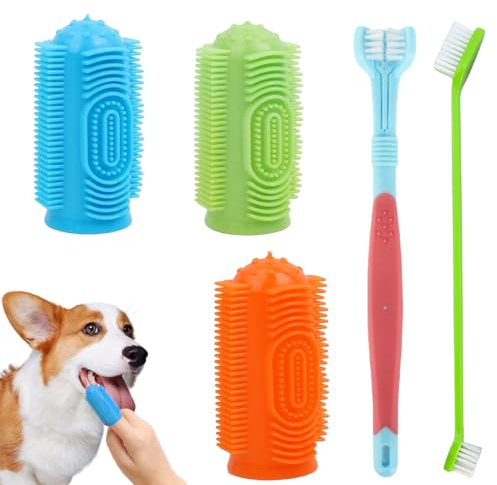 Hund Zahnbürste,Hundezahnbürste Finger,Haustier Zahnbürste,Zahnbürsten für Hunde,Pet zahnbürste,Dreifachkopf Zahnbürste,Langem Griff Hundezahnbürste für kleine Haustierkatzen und Hunde