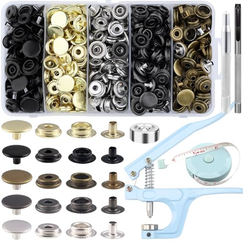 Bouton pression pince, Boutons Pression 508 Articles, 5 couleurs Boutons en acier inoxydable avec base, outil de poinçonnage, idéaux la confection d'habillement et la réparation de jeans