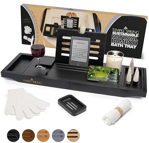 Temple Spring Estante Baño, Bambu Bandeja Baño, Bandeja Bañera Extensible, Accesorios Bañera – Negro