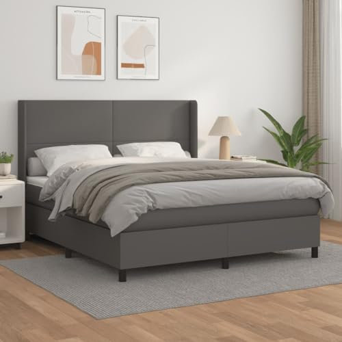 OHOOWOO Boxspringbett mit Matratze Grau 180x200 cm Kunstleder,Boxspringbett aus Kunstleder mit Taschenfederkernmatratze und verstellbarem Kopfteil