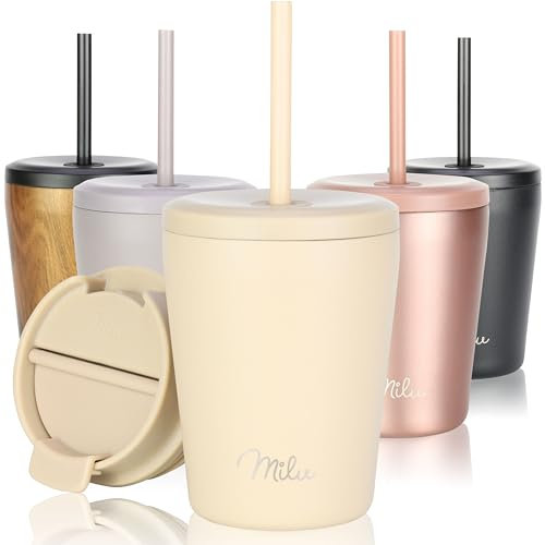 Milu Thermobecher 300ml - 100% Auslaufsicher - Edelstahl Kaffeebecher to go isoliert mit Strohhalm hält 10h heiß / 20h kalt, BPA-frei (Beige, 300ml)
