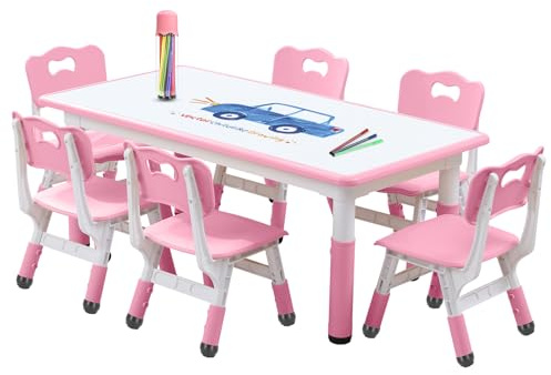 Kids Table and Chairs Set, Height Adjustable Desk With 6 Seats for Ages 3-12,Arts & Crafts Table,Graffiti Desktop, Non-Slip Legs, Max 300lbs, Children Multi-Activity Table for Classrooms,Daycares,Home