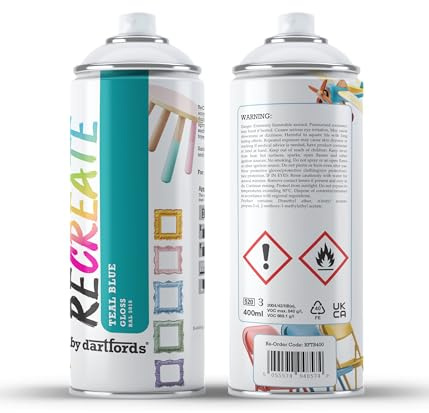 RECREATE Teal Blue Gloss Spray Paint for Wood, Metal, Plastic | Quick Drying, Smooth, Durable, Easy-to-Apply | Suitable for Indoor/Outdoor | For Furniture, Craft, Doors, Ornaments, Pots, Frames