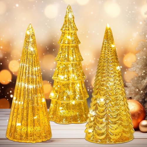 CAUTIOUS 3 st LED-julgran i glas, bord julgran mini, julgran med belysning, liten julgran, juldekoration
