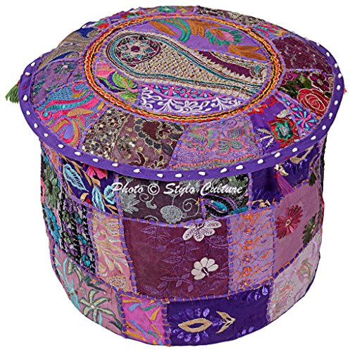 Stylo Culture Cotton Fabric Pouf Patchwork Embroidered Ottoman Stool Pouffe Cover Purple Floral Furniture Indian Ethnic Decor Bean Bag Home