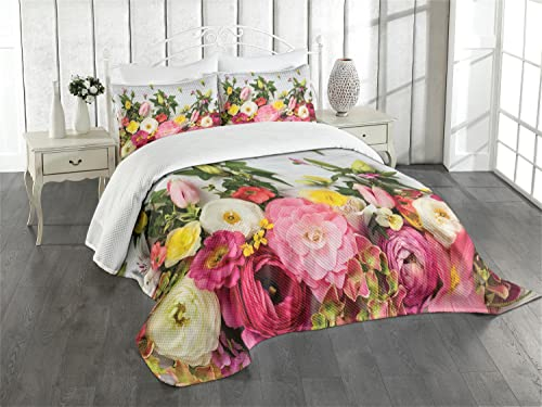 ABAKUHAUS Rustikal Tagesdecke Set, Rustikales Haus Rose Blumen, Set mit Kissenbezügen Klare Farben, für Doppelbetten 220 x 220 cm, Grün Rosa
