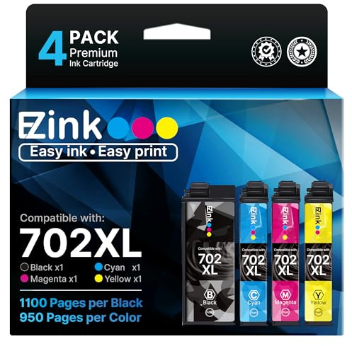 E-Z Ink 702XL Ink Cartridges High Yield Remanufactured for Epson 702 XL 702XL T702XL T702 to use with Epson Workforce Pro WF-3720 WF-3730 WF-3733 (1 Black, 1 Cyan, 1 Magenta, 1 Yellow, 4 Pack)