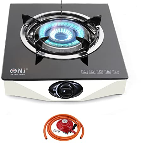 NJ NGB-S1 Gas Stove - 1 Burner Cooker with Tempered Glass, Safety Device, LPG + Gas Regulator Set (Propane 27mm Clip-on)