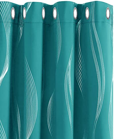 Deconovo Gardinen mit Ösen Thermo gegen Kälte Thermogardine Hitzeschutz Dicke Kälteschutz, Fenstervorhang mit Muster, Verdunkelungsvorhang für Wohnzimmer, 229x117 cm(HöhexBreite), Türkis, 2er Set