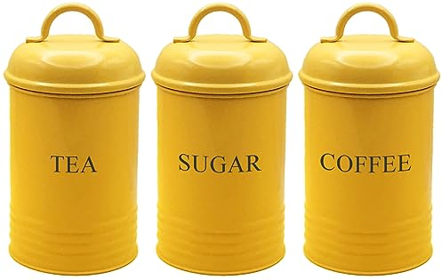 Set of 3 Tea Coffee Sugar Canisters,Storage, Rust Resistant, Powder Coated Ideal for Kitchen Storage Coffee Granules, Tea Leaves & Bags & Sugar Cubes (YELLOW)