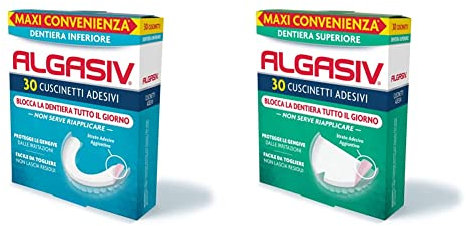Algaisiv Cuscinetti Adesivi per dentiera inferiore, 30 pezzi. Dura tutto il giorno & Cuscinetti Adesivi Per Dentiera Superiore, 30 pezzi. Dura tutto il giorno. Tenuta 20 volte pi & ugrave; forte.