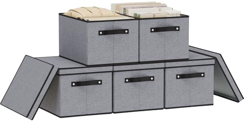YheenLf Clothing Storage Bins, Blanket Baskets for Shelves, Fabric Cubes with Handles and Lids, Decorative Linen Closet Organizers Boxes, Gray, 5 Pack, 42×30×26cm