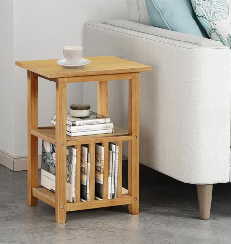 Hallowood Furniture Aston Oak Effect Wooden Side Table with Storage, Light Oak Small Coffee Table with 2 Shelves and a Slotted Design Magazine Rack, for Living Room and Small Spaces