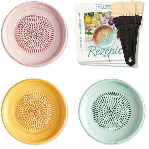 evergrate Keramikreibe 3er Verschenkset - Rosé, Sonnengelb, Mint mit Küchenpinseln und Rezeptheften