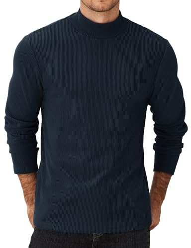 COOFANDY Camiseta Térmica de Manga Larga para Hombre - Medio Cuello Alto, Slim Fit, Básica de Otoño e Invierno, Monocolor Azul Marino-Cuello Alto XL