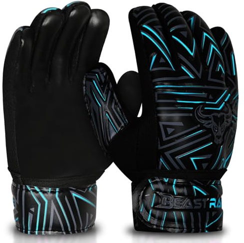 BEAST RAGE Youth Goalkeeper Gloves for Kids,Boys,Girls,Soccer Goalie Gloves Anti-Slip 3 + 3 MM Dumbo Grippy Palm,Extra Grip,Double Wrist Strap,Breathable Mesh (Cyan, Size 4)