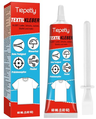 Tiepetly Textilkleber Waschmaschinenfest Extra Stark für Stoffe 60ml, Alternative zum Kleber zum Nähen