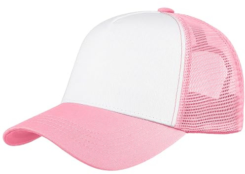 Falari 5-Panel Mesh Baseball Cap, Trucker Hat, Structured Plain Design, Cotton, Adjustable Size - Pink