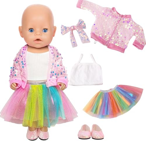 Kleidung Outfits für Baby Puppen, 6 Süße Puppenkleidung 36-45 cm mit Oberbekleidung Unterhemden Rock Schuhe Taschen Haarbänder für Neu Baby Puppe Kleidung Mädchen Geburtstag Geschenk