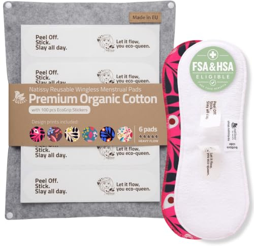 Natissy Wingless Organic Cotton Reusable Sanitary Pads for Women, 6 Pack (L+XL)