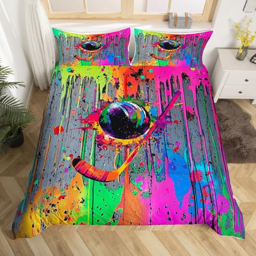 jejeloiu Ice Hockey Duvet Cover Full Size Boys Girls Golf Bedding Set Breathable Soft Color Graffiti Hip Hop Style Comforter Cover 3Pcs Sports Themed Bedroom Decor Zipper Closure (NO Comforter)