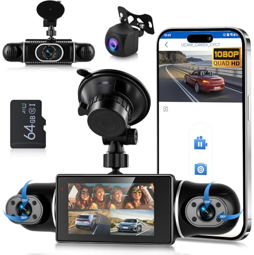 Hodozzy 1080P bil dashcam 360° med 5 GHz wifi, 4 bakre kameror, 8 IR-mörkerseende, 3-tums IPS-pekskärm, körinspelning, G-sensor, parkeringsskärm, instrumentkamera med backhjälp