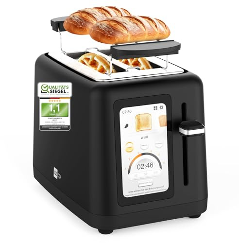 aeco toastlab Elite Toaster 2 Scheiben, Brötchenaufsatz, extra breite Toastschlitze, 6 Bräunungsstufen, 10 Programme, 850W, 5 LCD Display mit Restzeitanzeige, Liftfunktion, Auftaufunktion, Krümelfach