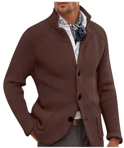Zanisouta Cárdigan vintage para hombre, cuello chal, blazer, jersey de punto, corte ajustado, abrigo deportivo, manga larga, cuello alto, abrigo informal, botón y bolsillos, chaqueta de invierno
