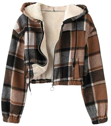 Women's Fluffy Cropped Coats Fleece Lined Flannel Thick Plaid Print Hooded Jacket Long Sleeve Zipper Thermal Lined Short Jackets Casual Plush Cozy Warm Winter Outwear With Pockets