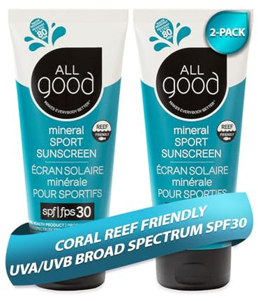 All Good Sunscreen - Sport Mineral Sunscreen Lotion, Reef Friendly, SPF 30+ for Face & Body, Water & Sweat Resistant, 2-pack (3 oz)