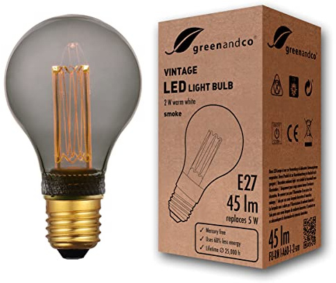 greenandco dekorativ LED-glödlampa i vintage-stil | E27 A60 | Rök | 2W 45lm | 1800K Extra varmvitt | 320° | 230V | Flimmerfri | Ej dimbar