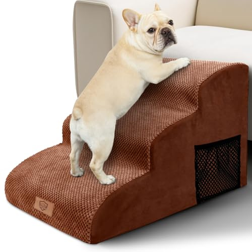 Pawchop Dog Ramp for Bed & Sofa, 3-Tier Curved Foam Dog Steps, Brown