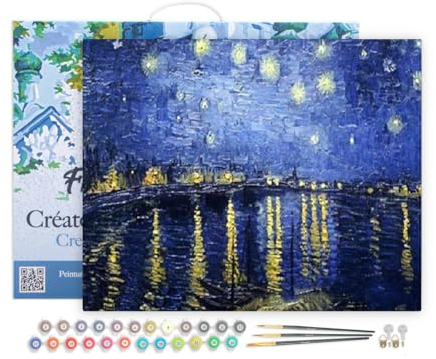 Figured'Art Peinture par Numéro Adulte avec Cadre Van Gogh Nuit Etoilée sur le Rhône - Activité Manuelle Kit de Loisir Créatif DIY Numéro d'Art Complet - 40x50cm toile tendue sur châssis