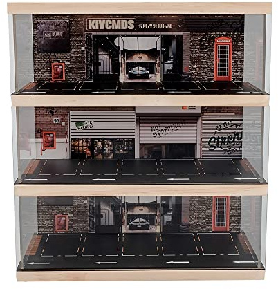 kivcmds 1:64 Scale 3-Tiers Vehicle Model Display Case for Sports Car and Lego Model Collectors, Display Stand for Alloy Car Model Toy with Parking Lot Scene (3-Tiers Auto Repair Store Scene)