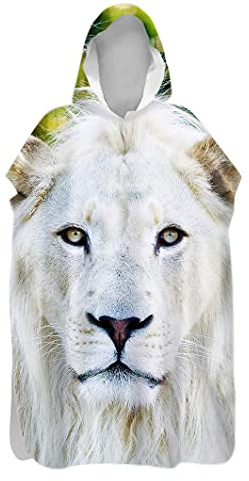 Surwin Serviette Poncho à Capuche Plage Adulte Poncho de Bain Surf en Microfibre Séchage Rapide Serviette à Changement Peignoir Piscine Robe pour Homme et Femme (80x145cm,Lion Blanc)