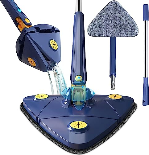 360° drehbarer Verstellbarer Reinigungsmopp dreieckiger Reinigungsmopp Teleskop-Schrubber Bürste für Hartholz, Fenster, Boden, Wand, Fliesen, Dreieck, Mop-Set mit 6 Tüchern (Blauer Mop)