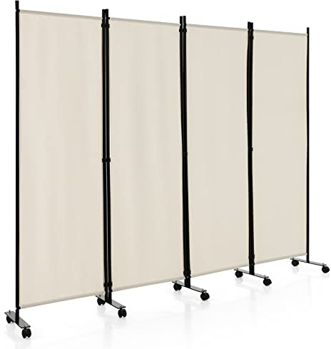 COSTWAY 3/4-Panel Folding Room Divider, Rolling Wall Privacy Screen Protector with Wheels, Freestanding Paravent Partition Separator for Bedroom, Living Room and Office (Beige, 4 Panel-224x172cm)