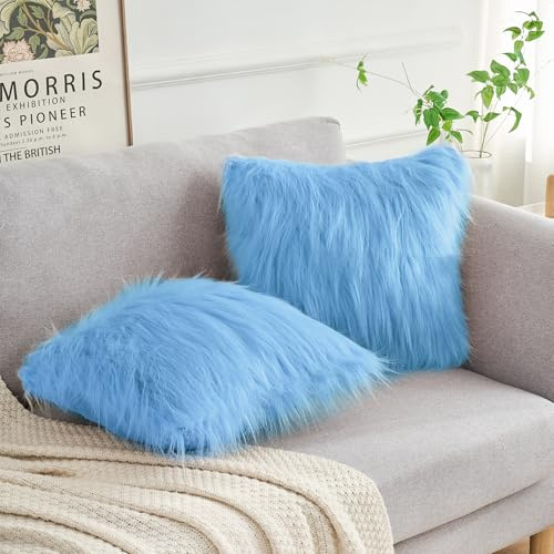 Uxcell Shaggy Cushions Pack of 2 Faux Fluffy Throw Pillow Covers for Sofa Bedroom Sofa Home Decor Light Blue 45 x 45 cm