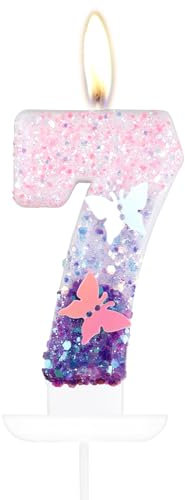 Candele per torta a forma di farfalla numero 7, candele per torta di 7° compleanno, decorazioni per torta per 7° compleanno, candele di compleanno a farfalla viola rosa, decorazioni per torte a